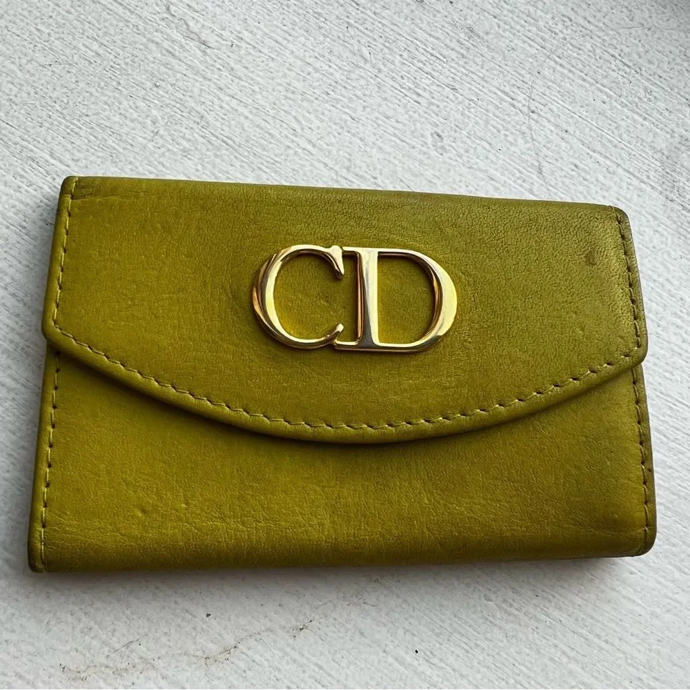 Christian Dior Key Holder, CD Compact Wallet Olive Green/Yellow Authentic